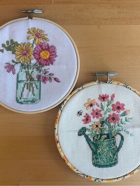 Set of 2 Floral Cross Stitch Hoops - Cottagecore Decor - Handmade Embroideredery